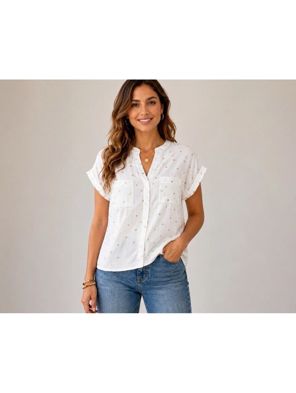 Boden Shirt Womens White Gold Polka Dot Cap Sleeve Lined V Neck Blouse